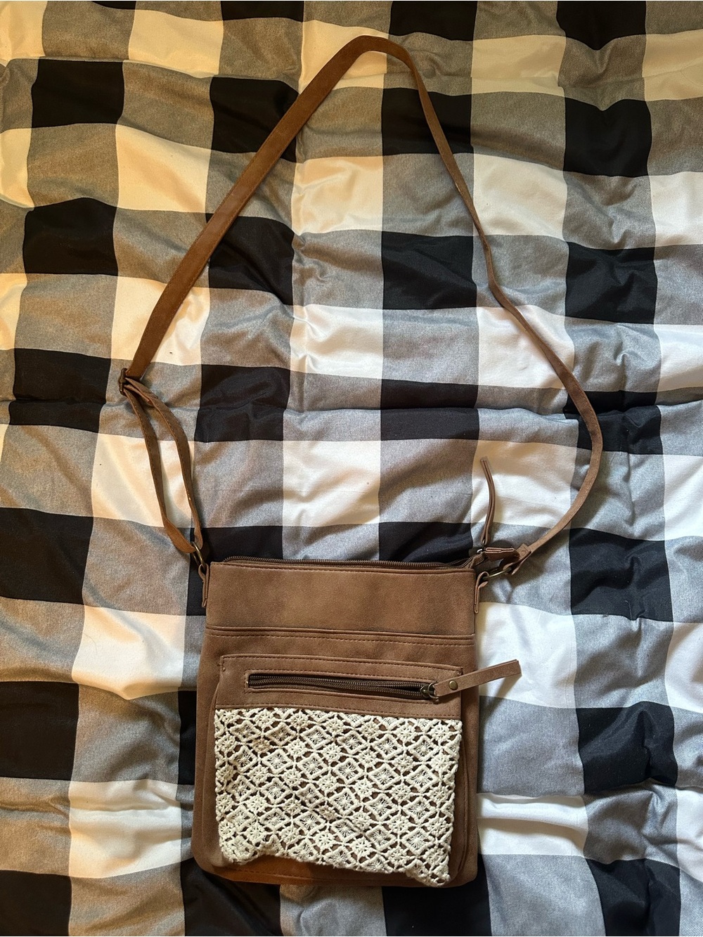 Brown Crossbody Bag with Crochet Front Pocket
